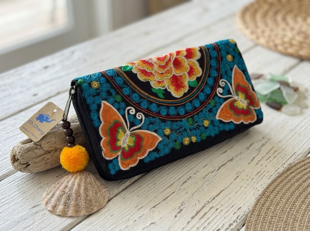 Ch Chang Thailand Embroidered Hmong Boho Butterfly Zip Wallet Clutch